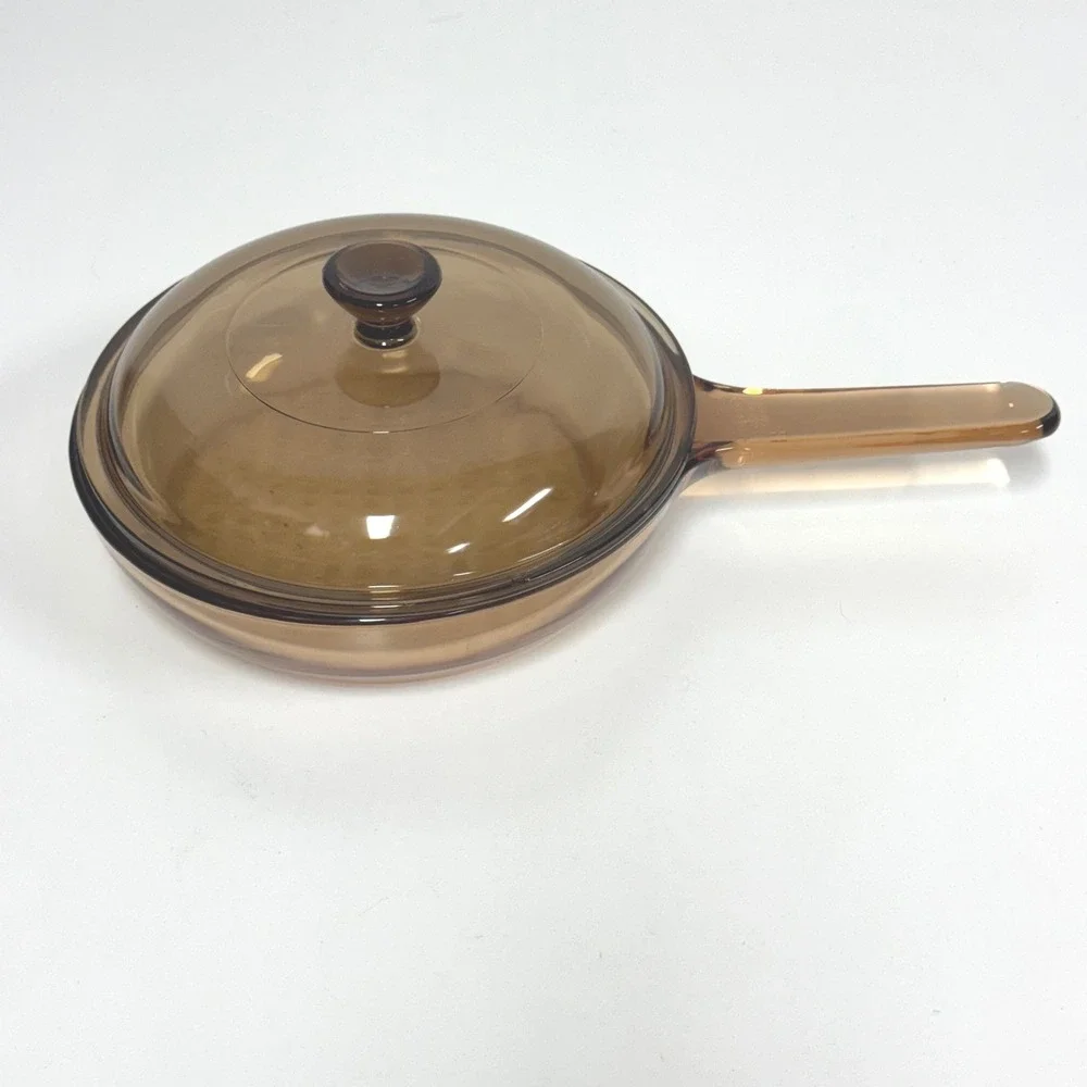 Vision Corning France Amber Glass Skillet Waffle Bottom with Lid 7 Inch Pan